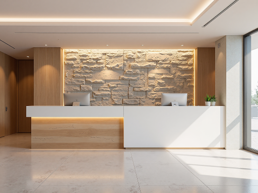 宽敞明亮的现代办公接待区域，沙发座椅整齐摆放，墙上挂着公司标识，营造专业商务氛围