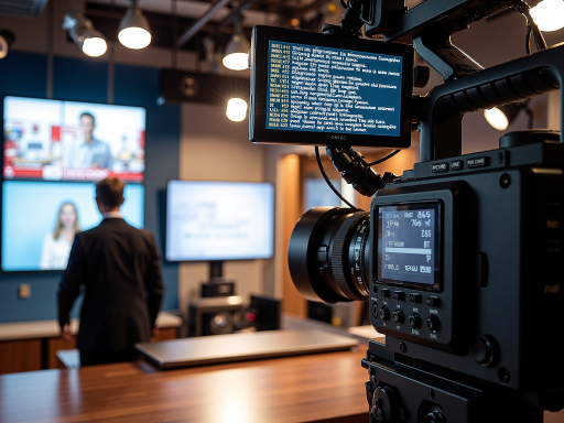 未来科技感的媒体工作室内部，高清摄像设备整齐排列，技术人员正在操作先进设备，展现现代化工作环境